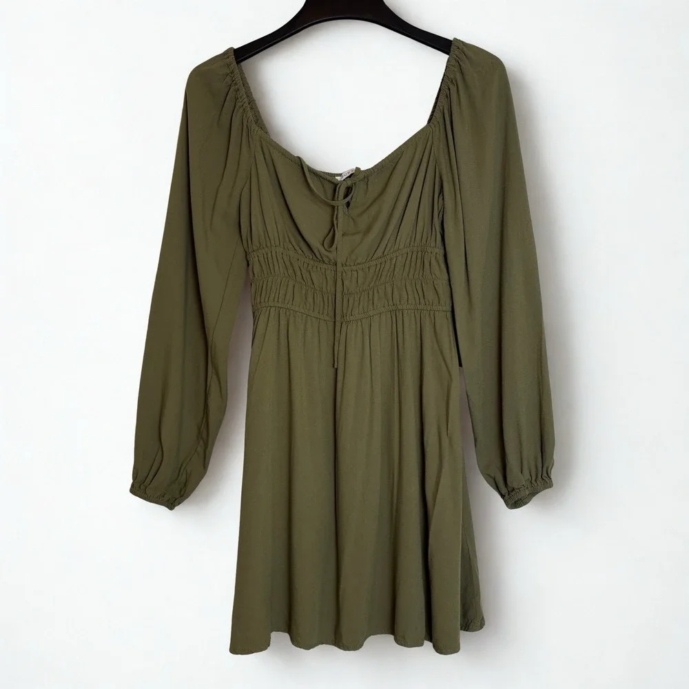 Cottage Core Mini Dress Size Small Smocked Green/Olive FairyCore Long Sleeve - Picture 2 of 9